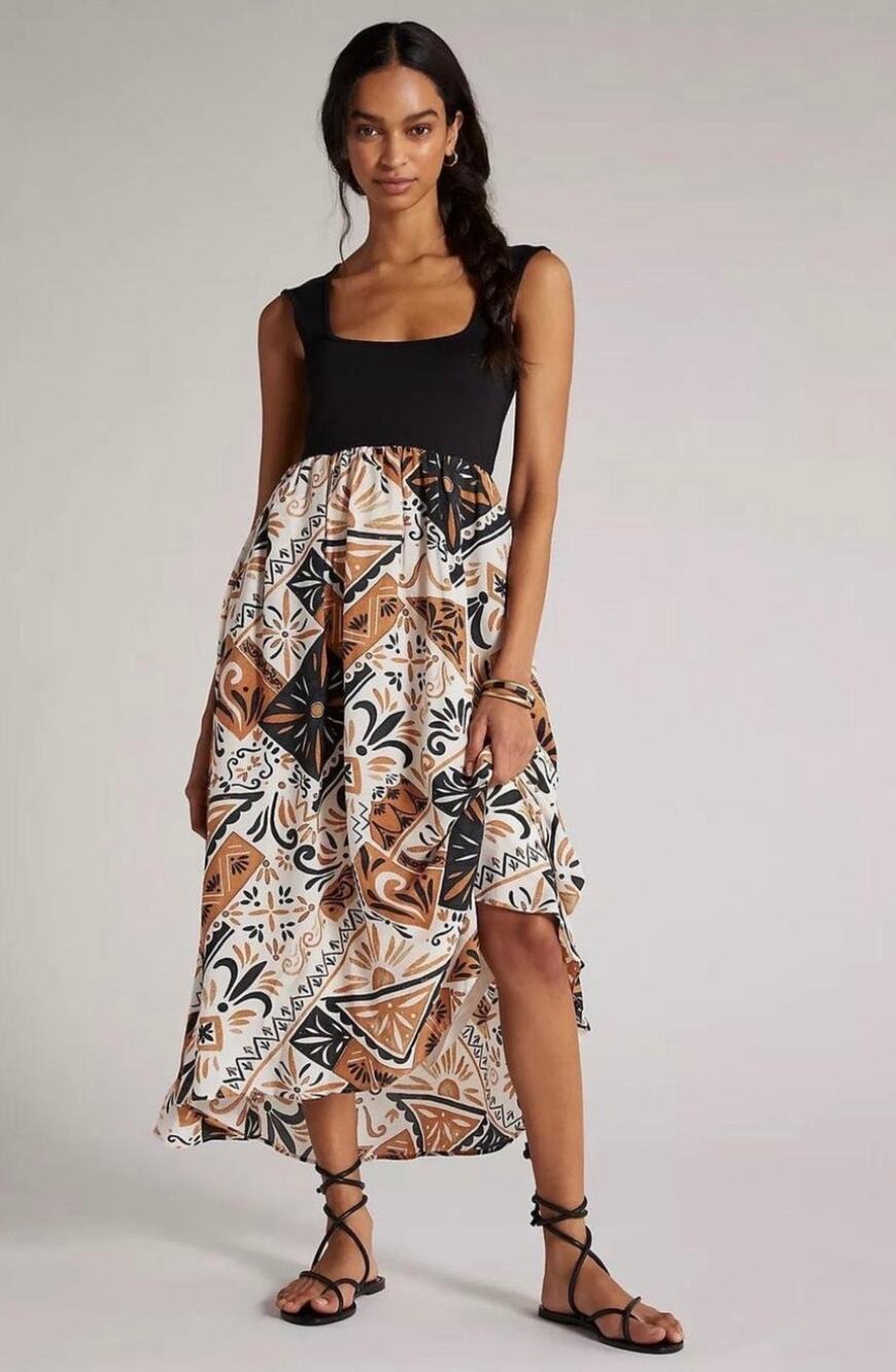 Anthropologie Printed Twofer Midi Dress XS Black Tan Abstract Sleeveless